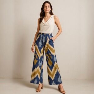 Peruvian Connection Women Ikat Wide Leg Pants XL Blue‎ Beige Pima Cotton Boho
